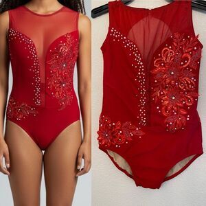 Ilo Gear Glamorous red custom solo dance costume leotard rhinestone mesh LA adu